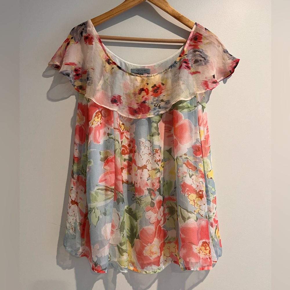 100% Silk Floral Print Ruffle Sleeveless Top Blouse Flowy Loose Fit Pink Blue Sm
